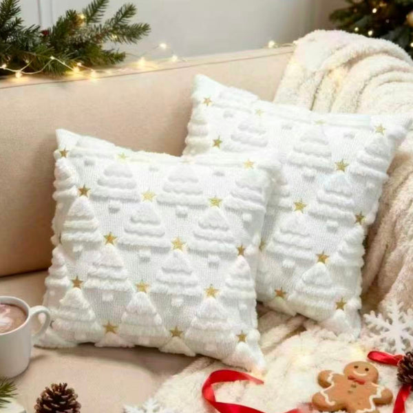 Plush White Christmas Tree Cushion Cover With Gold Star Design