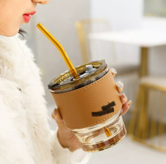 450Ml Glass Cup with Leather Protective Sleeve