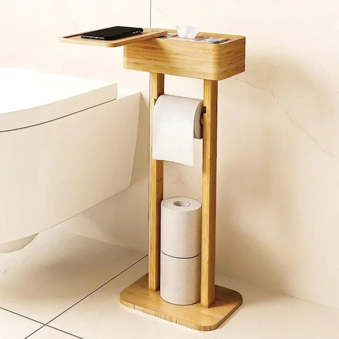 Eco-friendly bamboo toilet tissue holder with upper  storage and phone holder BlackNov