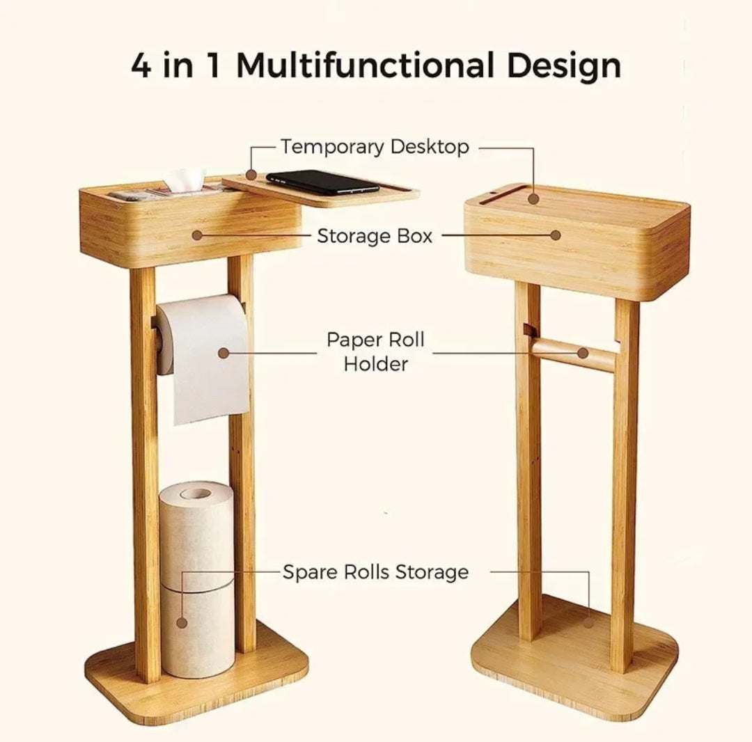 Eco-friendly bamboo toilet tissue holder with upper  storage and phone holder BlackNov