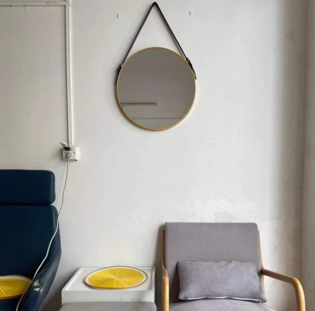 50cm Gold round Nordic wall  mirror with black strap