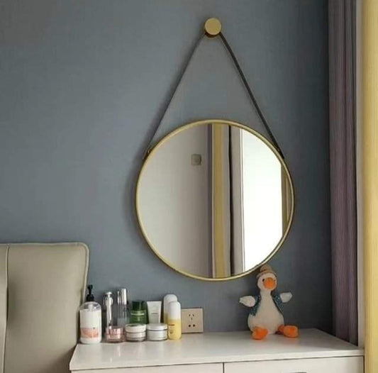 50cm Gold round Nordic wall  mirror with black strap