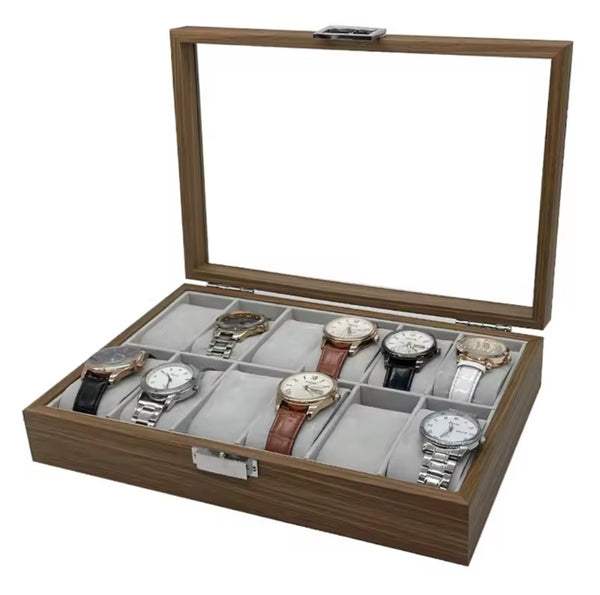 12 Slot Wooden Watch Organizer Display Box with Glass Top