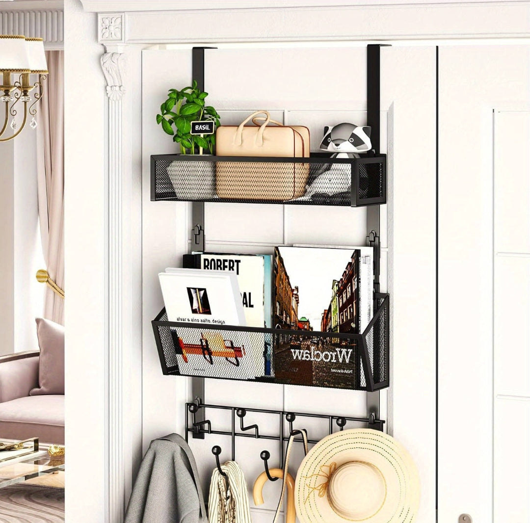 Over the door hanging rack organizer with hooks and basket