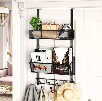 Over the door hanging rack organizer with hooks and basket