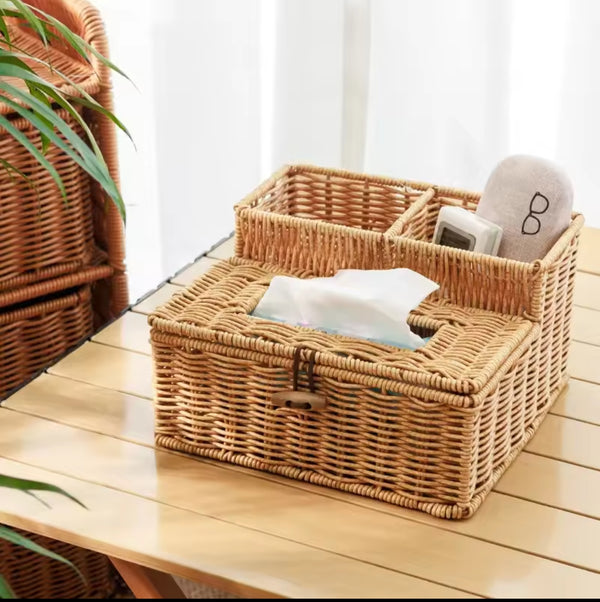 3 Slots Rattan Storage Organizer with Serviette Holder