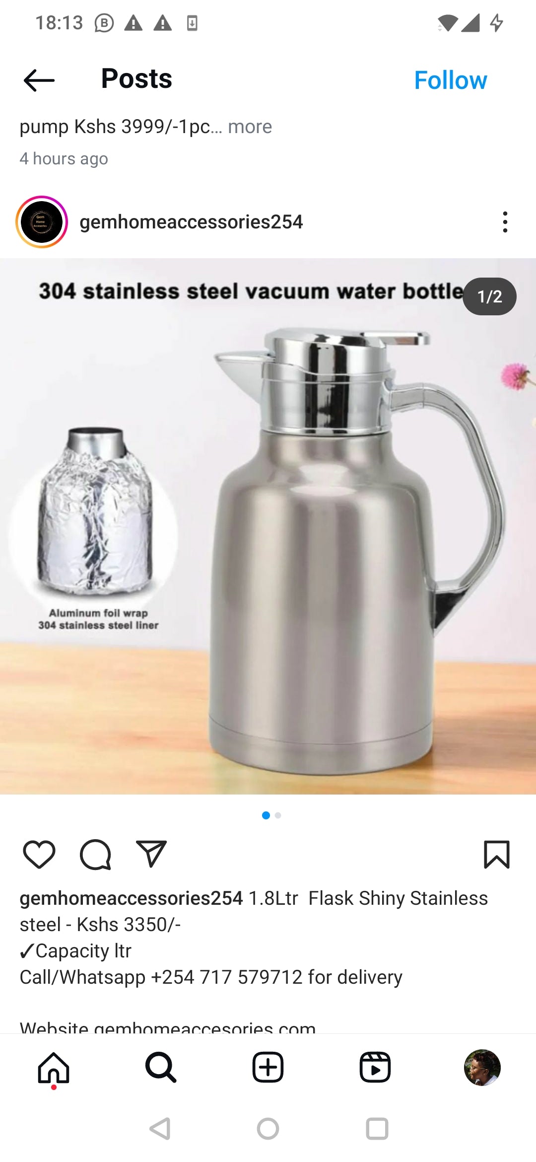 1.8Ltr Flask Shiny Stainless steel