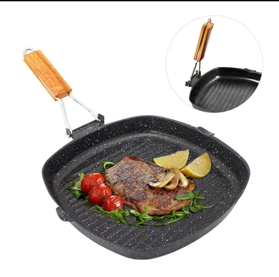 Non stick square grill pan with wooden handle