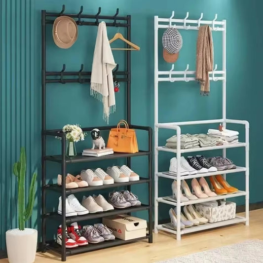 HEAVY-DUTY METAL COAT RACK STAND WITH 4-TIER SHOE STORAGE SHELVES