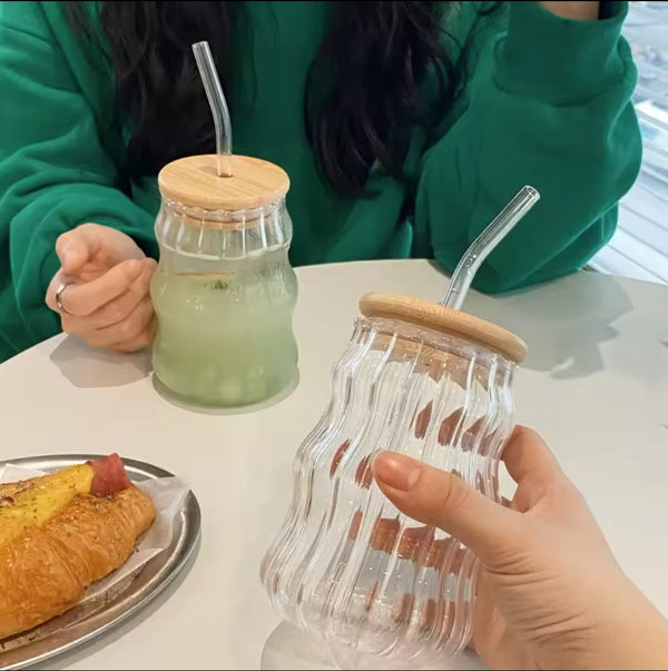 Glass cup with bamboo  lid and straw