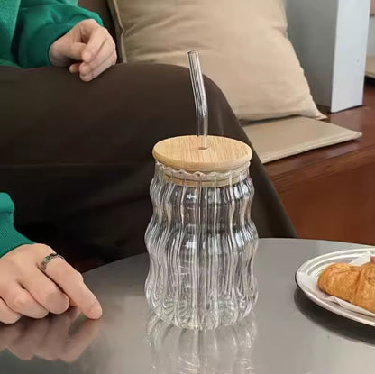 Glass cup with bamboo  lid and straw