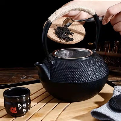 Heavy cast iron tea pot with infuser coaster and spoon BlackNov