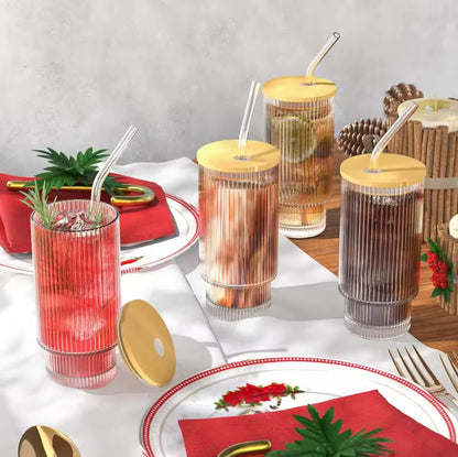 3 Ribbed glasses with straws and brushes