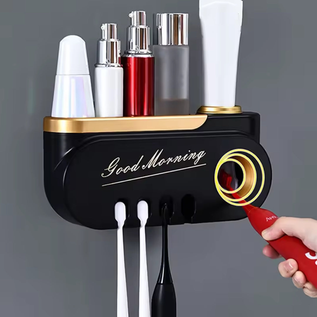 Toothpaste dispenser and toothbrush holder