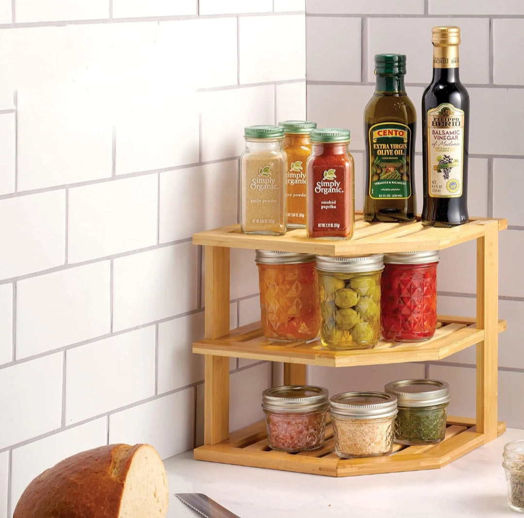 3 tier Corner Bamboo Spice Rack