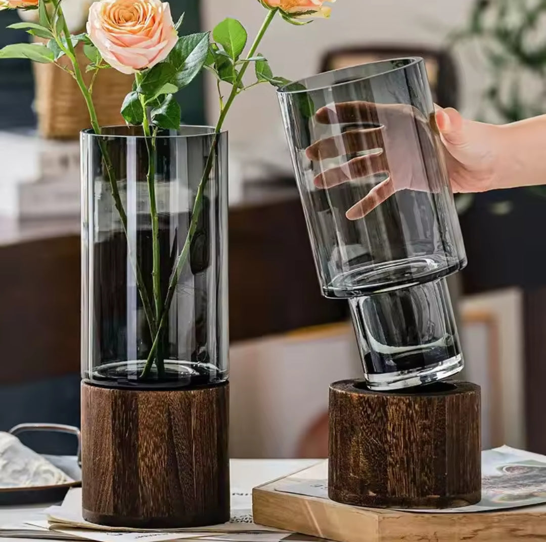 Glass vase with wooden base