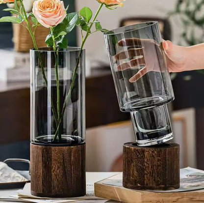 Glass vase with wooden base