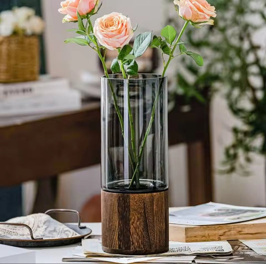 Glass vase with wooden base