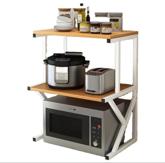 Three tier microwave rack with white frame and light brown wooden shelves