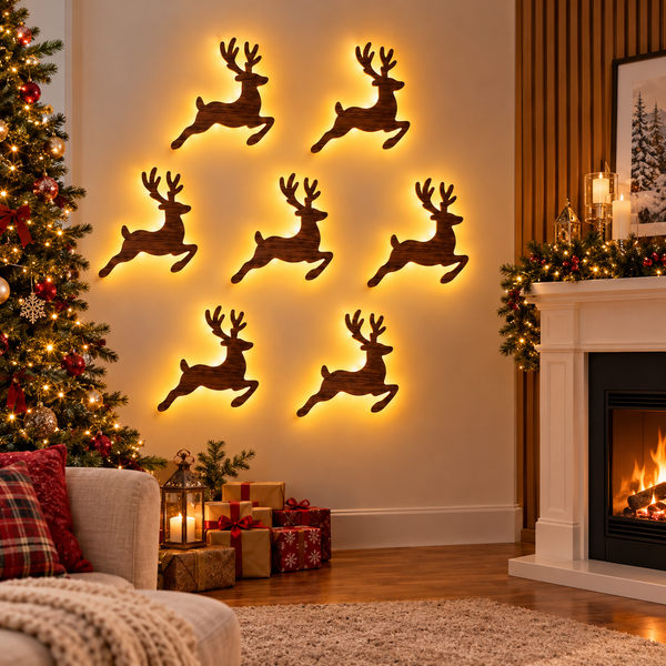 Set of 7 3D Reindeer Glow Santa Christmas Wall Decoration With Lighting