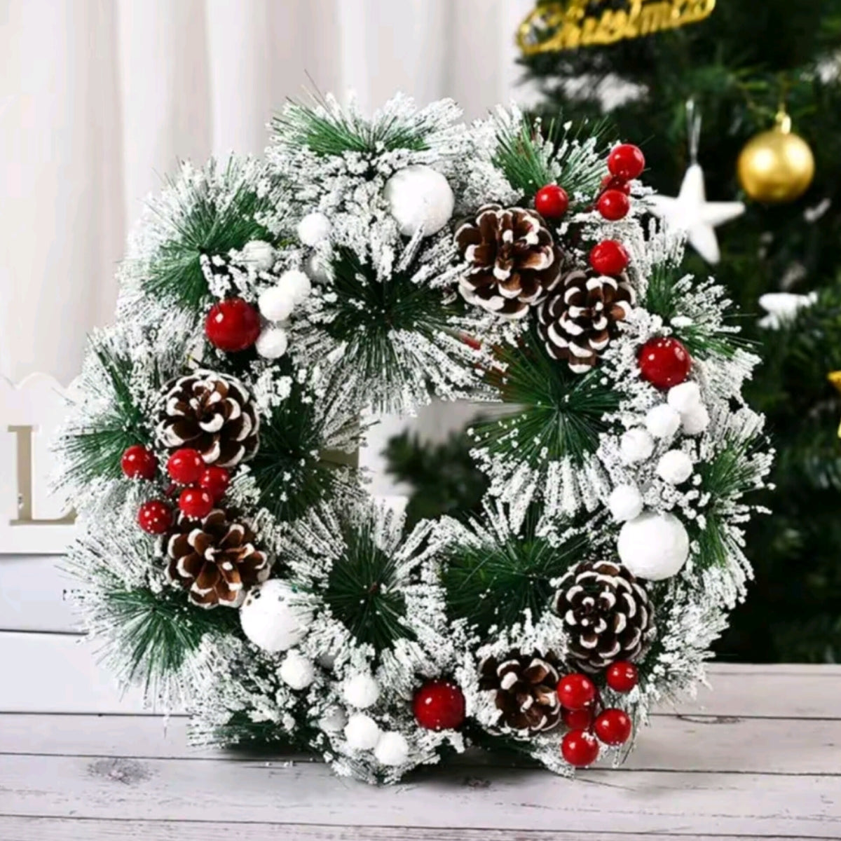 32cm Snow Christmas Wreath with Pine Cones and Berries