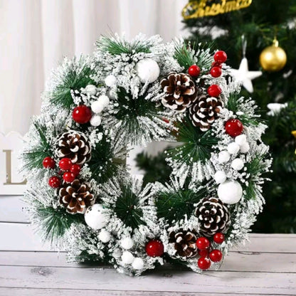 32cm Snow Christmas Wreath with Pine Cones and Berries