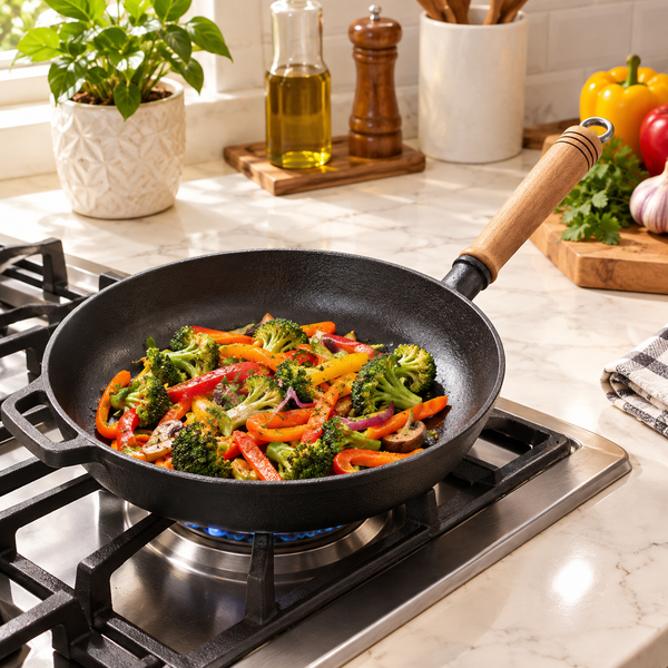 Thickened Cast Iron Frying Pan With Bamboo Lid