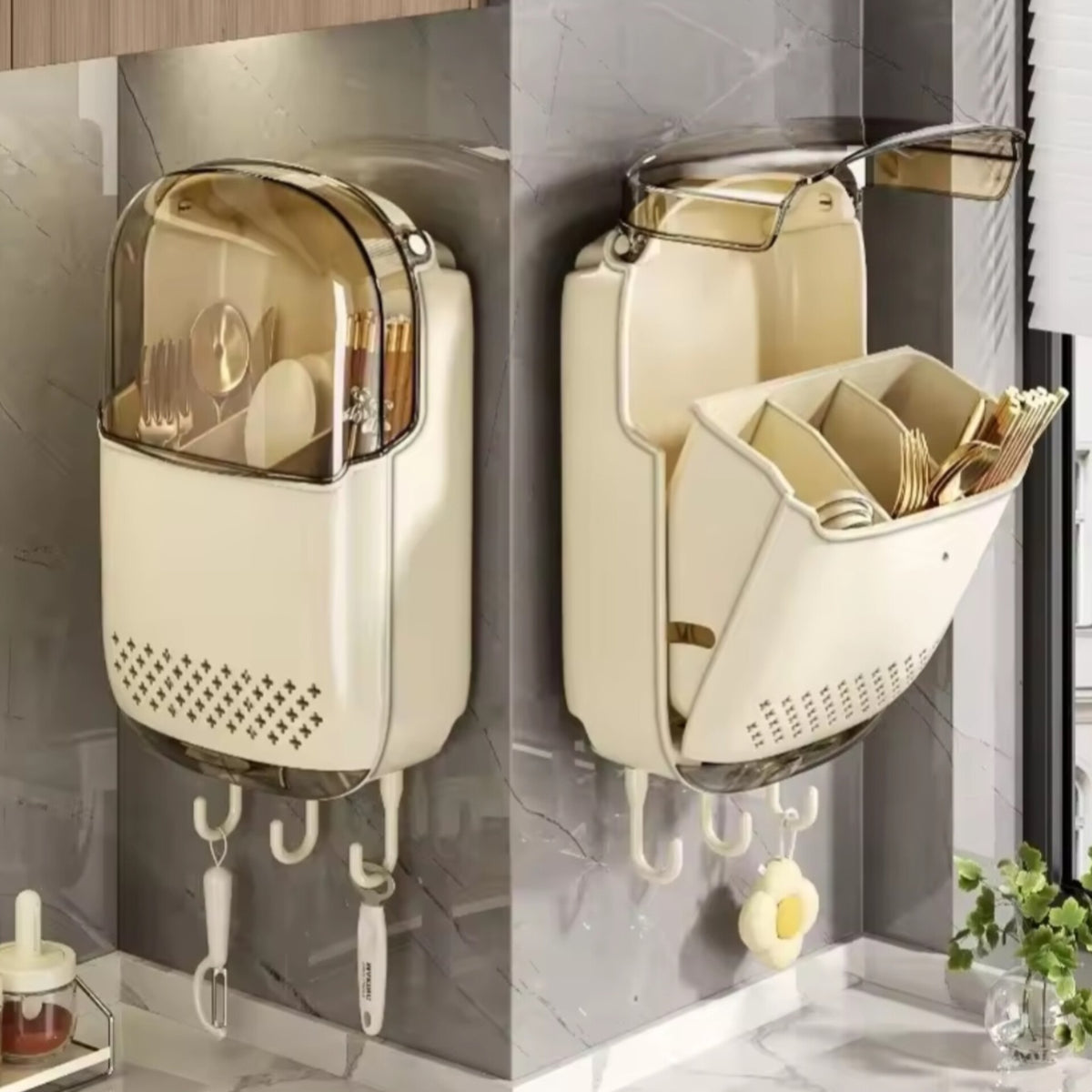 Wall Mounted Punch-Free Cutlery Holder with Lid and Drain Hole
