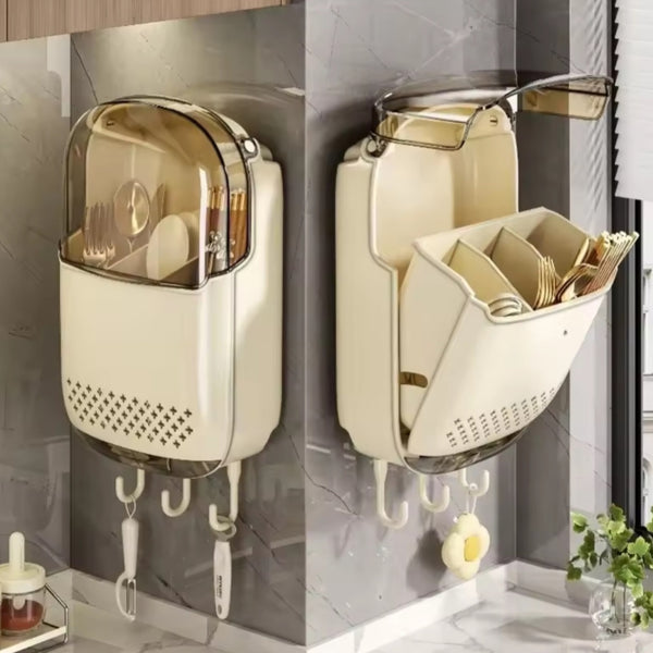 Wall Mounted Punch Free Cutlery Holder with Lid And Drain Hole
