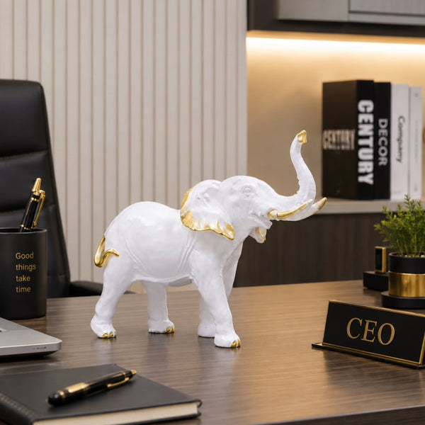 Resin White  Gold Elephant Sculpture Home Office Decor