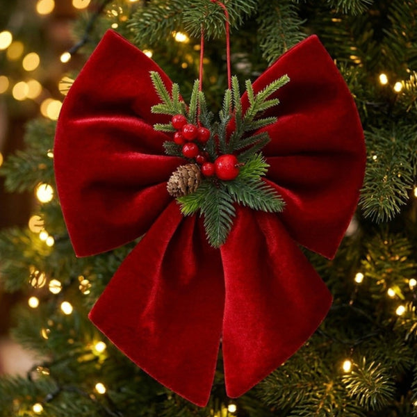 Wine Red Christmas Tree Bow Ornament With Pine Needle And Red Berry Accent
