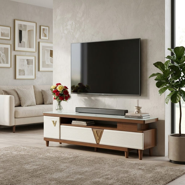 Wood and White Console TV Stand with Open Shelving