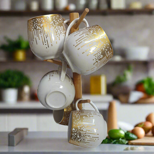 6Pc Golden tea mugs and stand