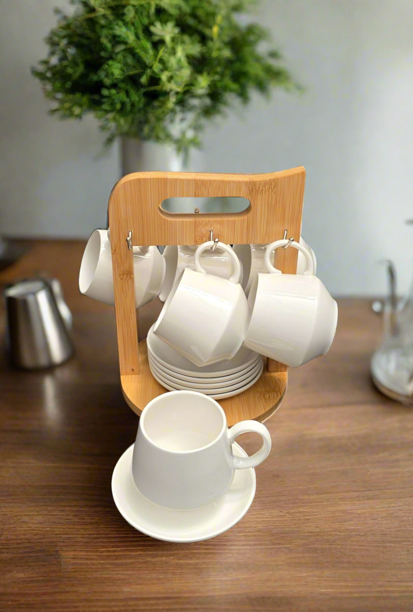 12pc Coffee Cups with Bamboo Stand 

-Capacity 150ml

-6 cups, 6 saucers

Call/Whatsapp +254 717 579712 for delivery