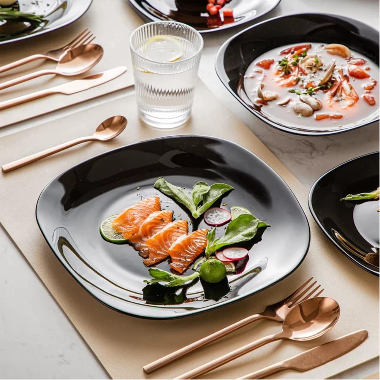 6pcs 10 .5" shiny black Square dinner set
