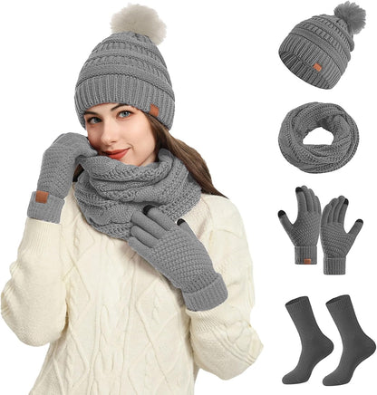4 Piece Winter  Beanie Hat Scarf Gloves Set
