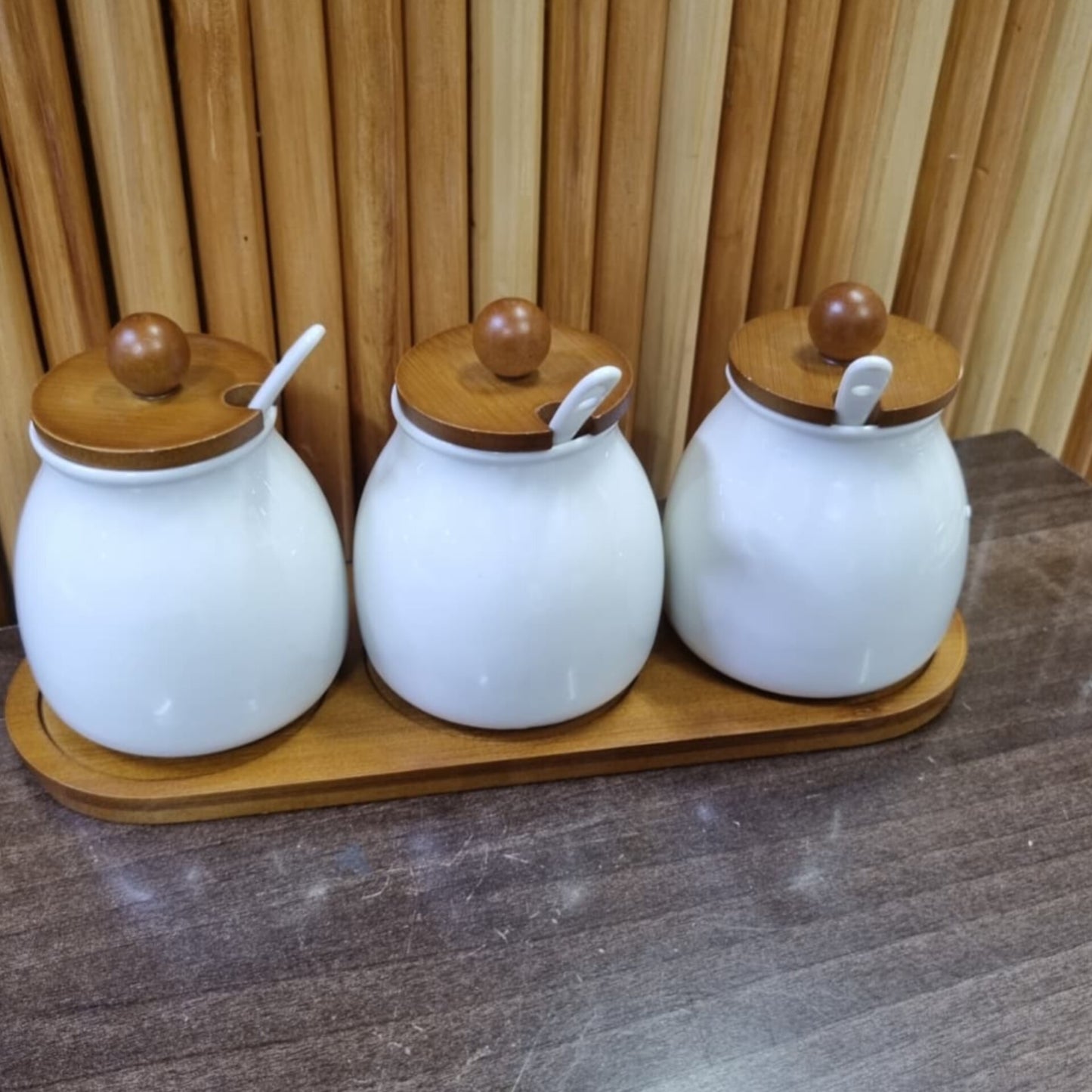 3Pcs Ceramic Canister Set with Bamboo Base