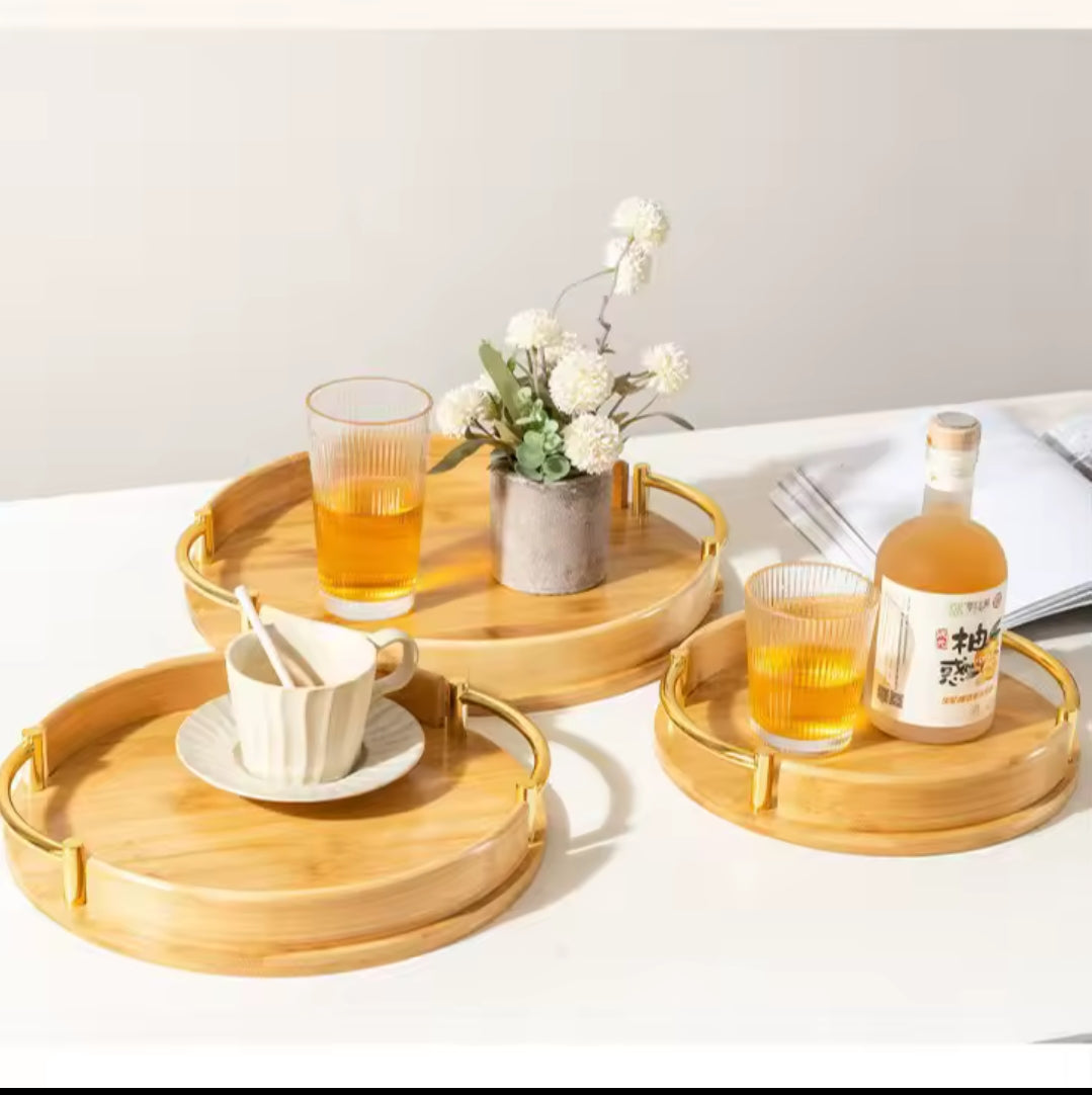 3Pc Round bamboo serving trays