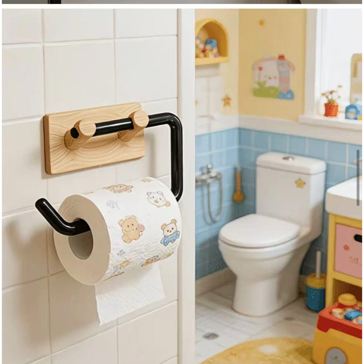 Wood Grain No Drill Toilet Paper Holder