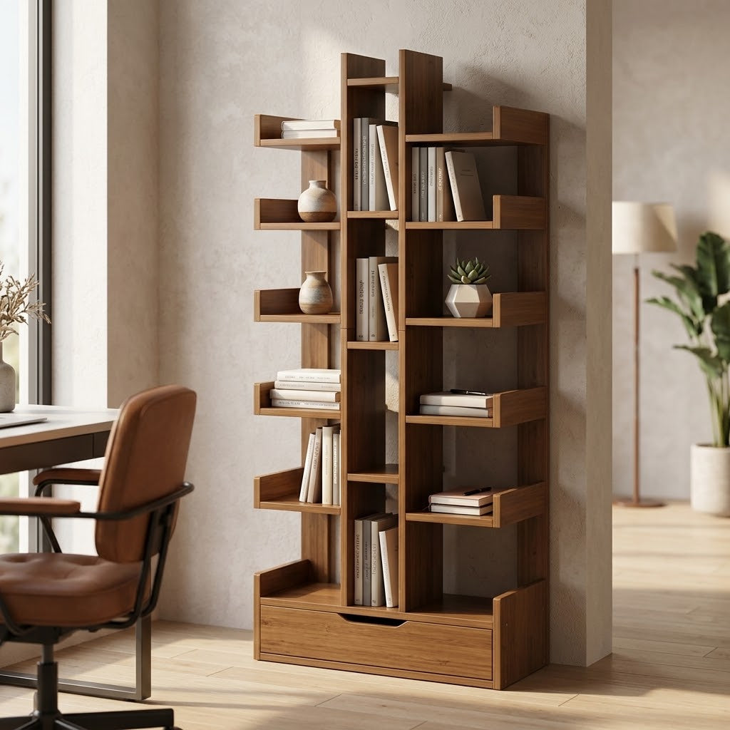 Walnut Brown Bamboo Multi-Tier Bookshelf with Drawer