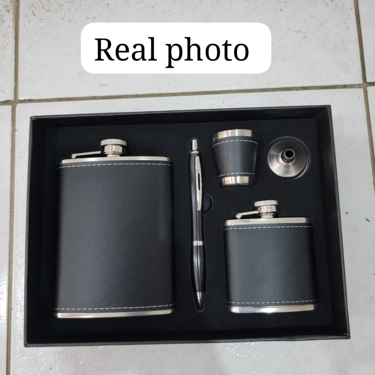 Black Leather Covered Whiskey Flasks Gift Set