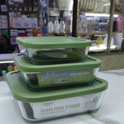 3Pc Square Glass Food Storage Containers Set