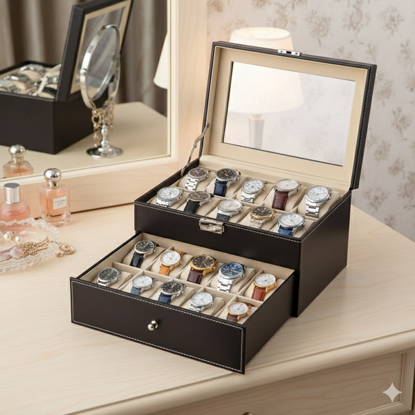20 Slot Leather Watch Display Case and Jewelry Organizer