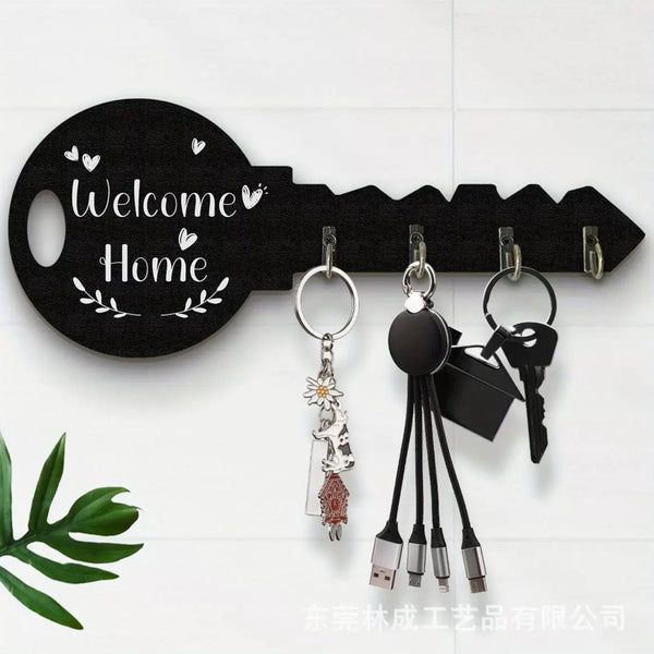 Wooden key holder with hooks