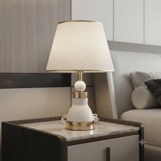 A modern table lamp with a white ceramic base, gold trim, and a beige fabric drum shade.