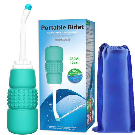Teal and white portable bidet with a 350 ml capacity, displayed next to its retail box and a blue mesh drawstring travel bag.