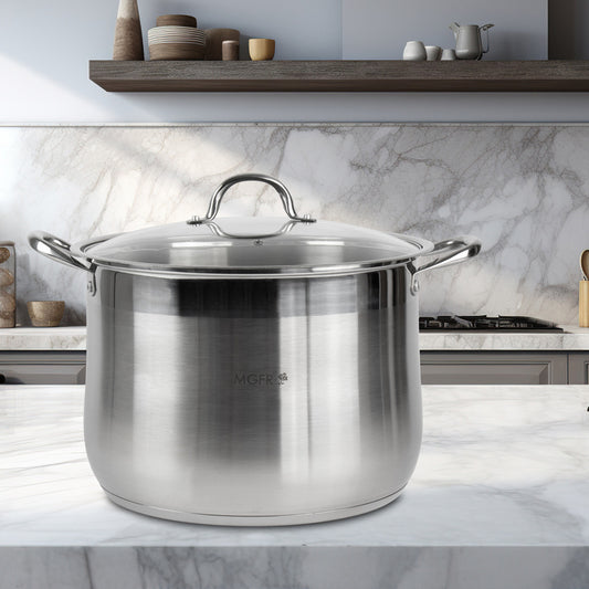 Large silver stainless steel stockpot with a glass lid