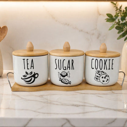ceramic canisters with wooden lids 