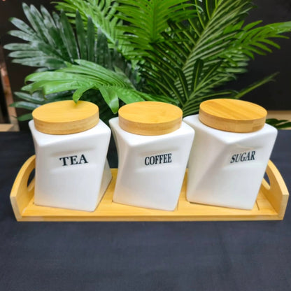 Ceramic Tea Coffee and Sugar Canister Set with Bamboo Lids