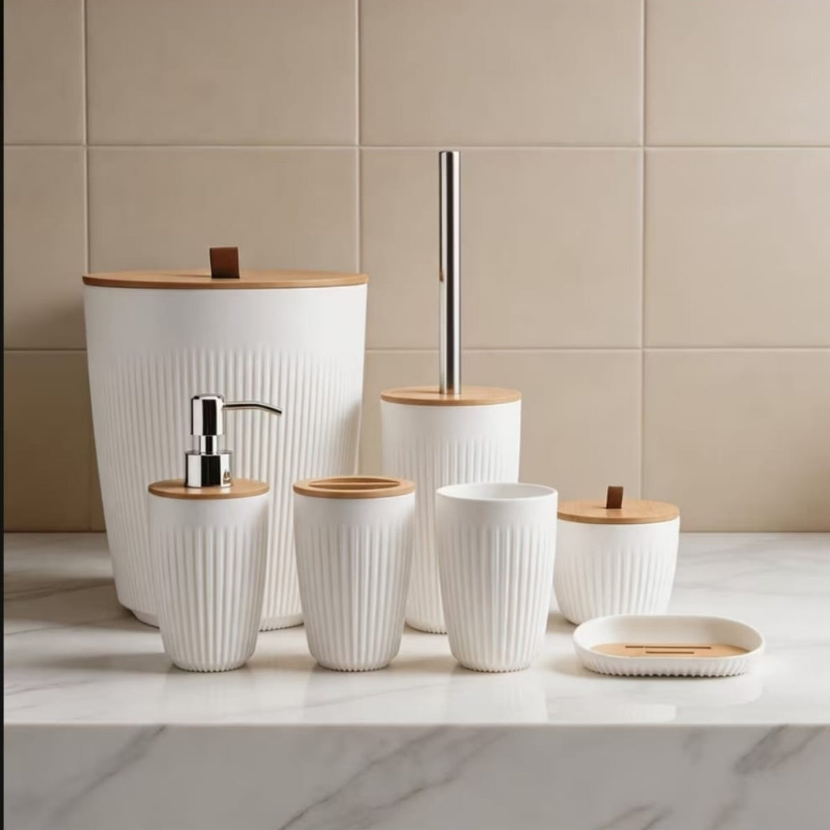 7 In 1 Bathroom Accessories Set With Wooden Top